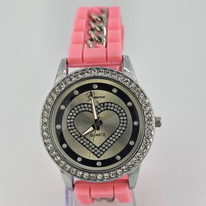 Women's Heart Dial Watch 42MM Crystal Bezel Pink Plastic Band Straps New Battery